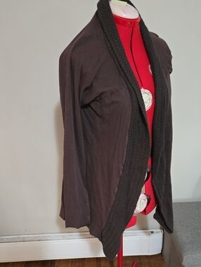 Indigenous Brown Open-Front Knit-Trim Cardigan